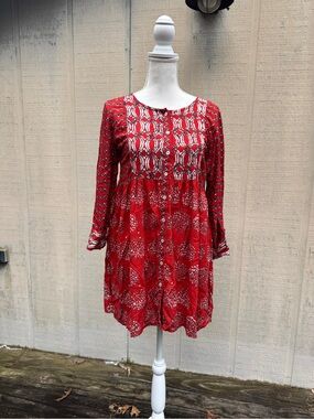 Max Red Patterned Button-Front Mini Dress